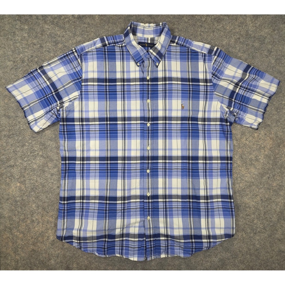 Ralph Lauren Mens 2XLT Blue White Plaid Short Sleeve Button Down Shirt Tall